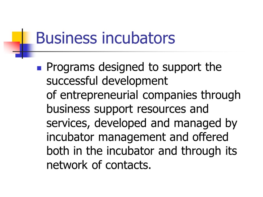 Business incubators Programs designed to support the successful development of entrepreneurial companies through business